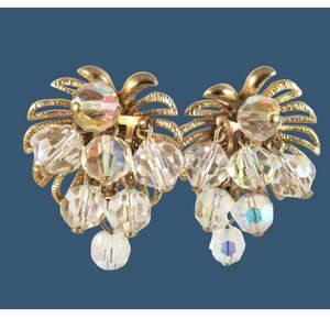 Vintage Clip On Earrings Faceted Cascading Clear Aurora Borealis Crystals